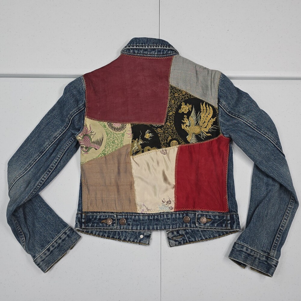Vintage GAP Women XS Denim/Jean Trucker Jacket Asian/China Motif Patchwork Y2K
